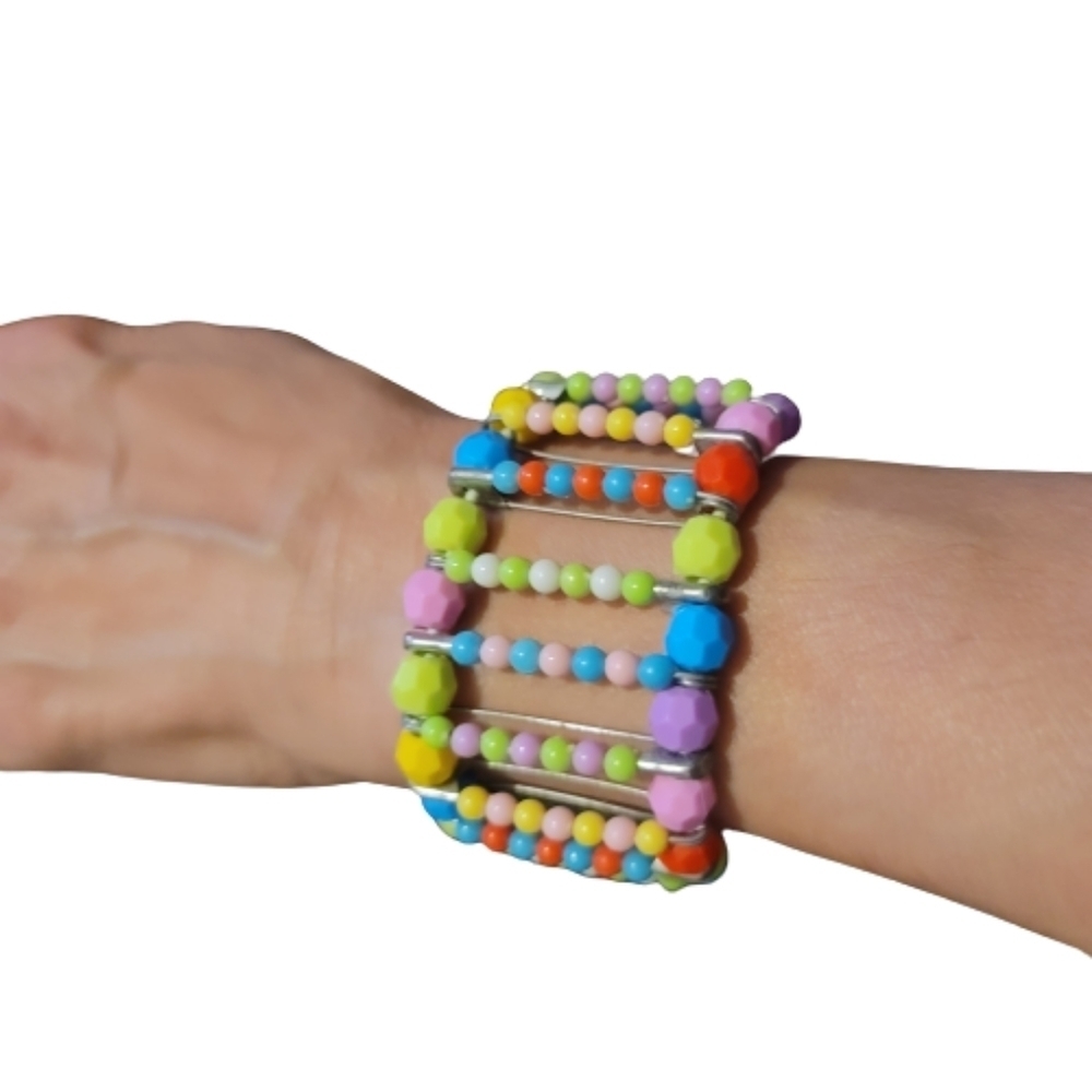 Hand-made bracelet  beads and safety pins fun bracelet colorful multi-colored